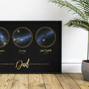 Triple Star Map Print in Black and Gold For Dad