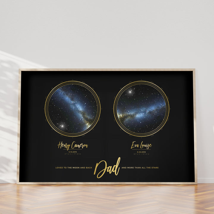 Double Star Map Print in Black and Gold For Dad