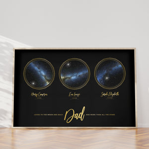 Triple Star Map Print in Black and Gold For Dad
