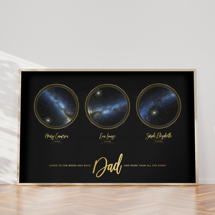 Triple Star Map Print in Black and Gold For Dad