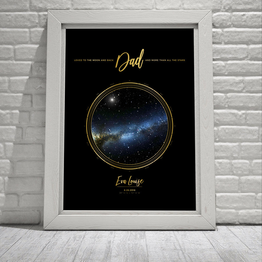 Single Star Map Print in Black and Gold For Dad