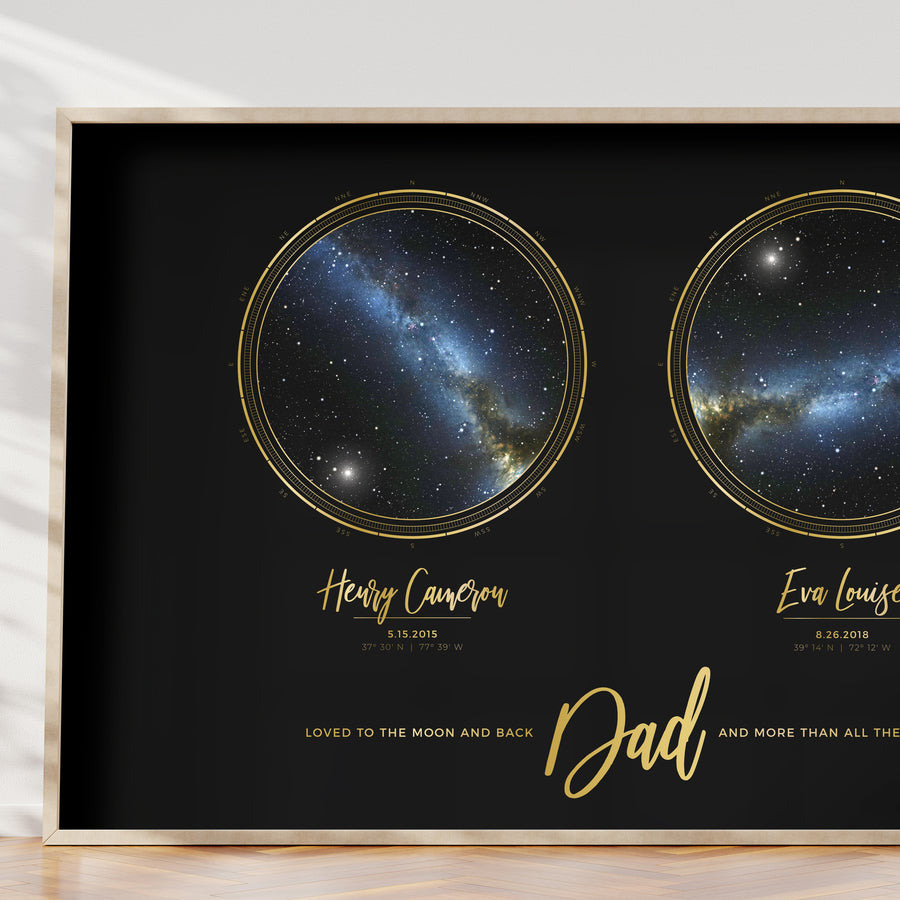 Double Star Map Print in Black and Gold For Dad
