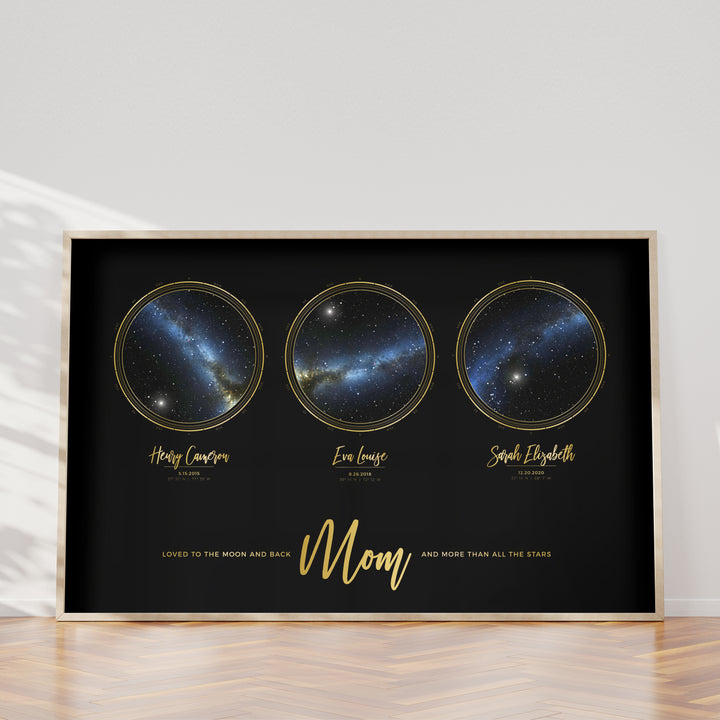 Triple Star Map Print in Black and Gold For Mom