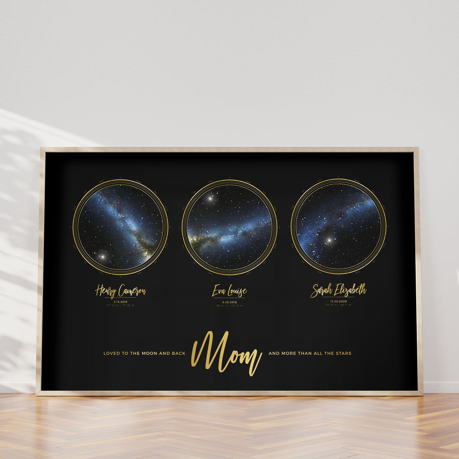 Six Star Map Print in Black and Gold For Mom