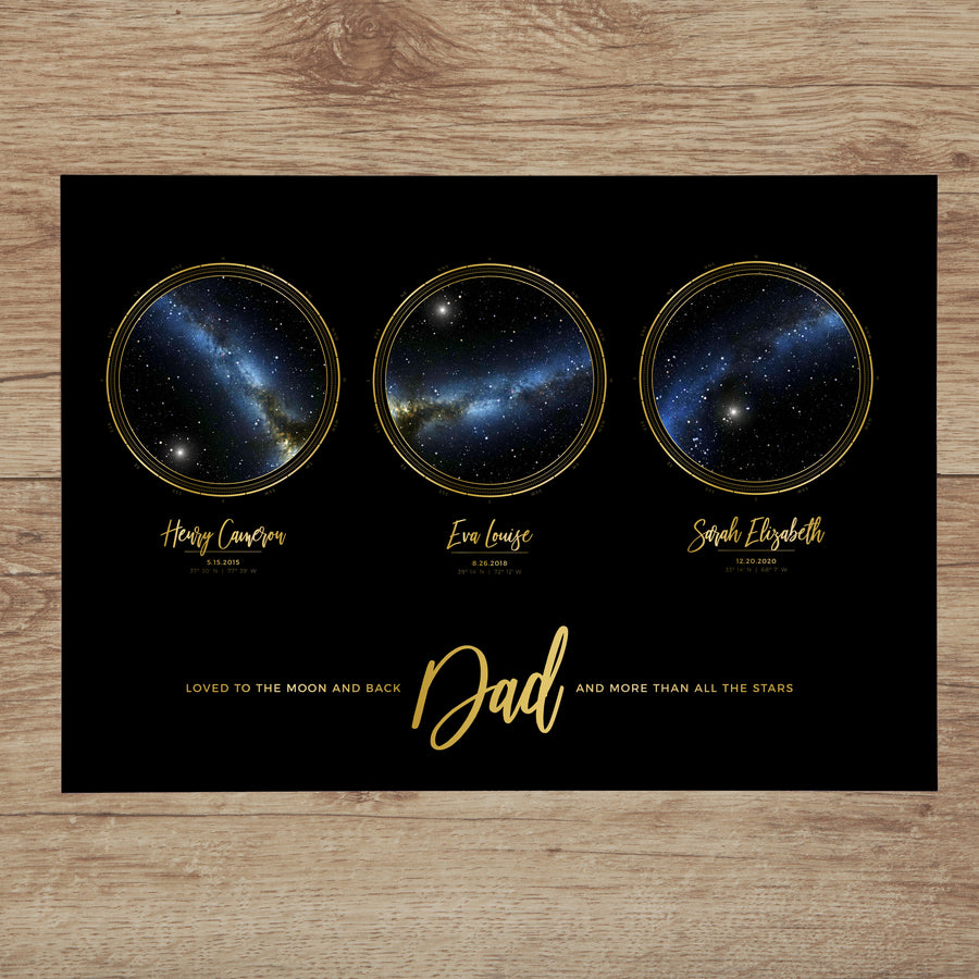 Triple Star Map Print in Black and Gold For Dad