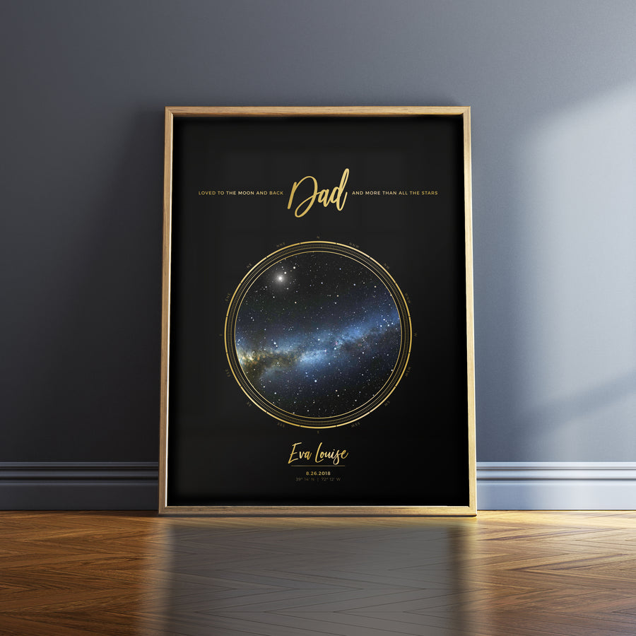 Single Star Map Print in Black and Gold For Dad